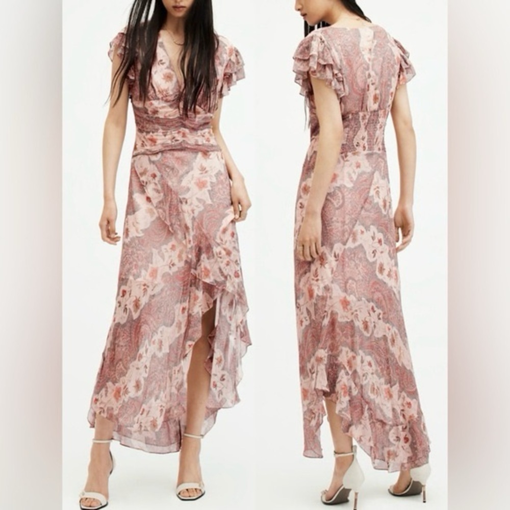 ALLSAINTS Brea Pink Floral Print V-Neck Cascade Ruffle Maxi Dress Size US6